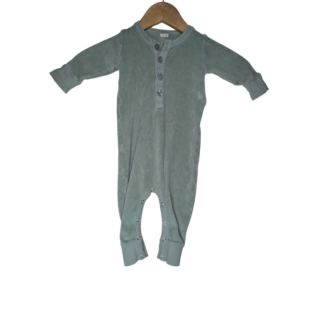 Kate Quinn Sage Green Organic Cotton Velour Henley‎ Romper 6-12M